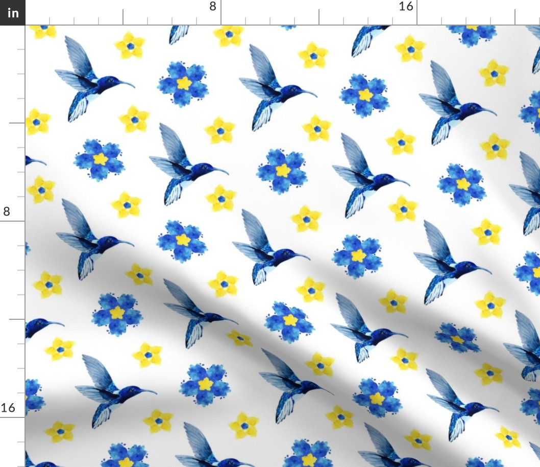 Birds and Flowers in Blue and Yellow Colors on white bg