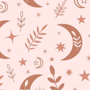 Big Earthy brown boho moon pattern with leaves and stars
