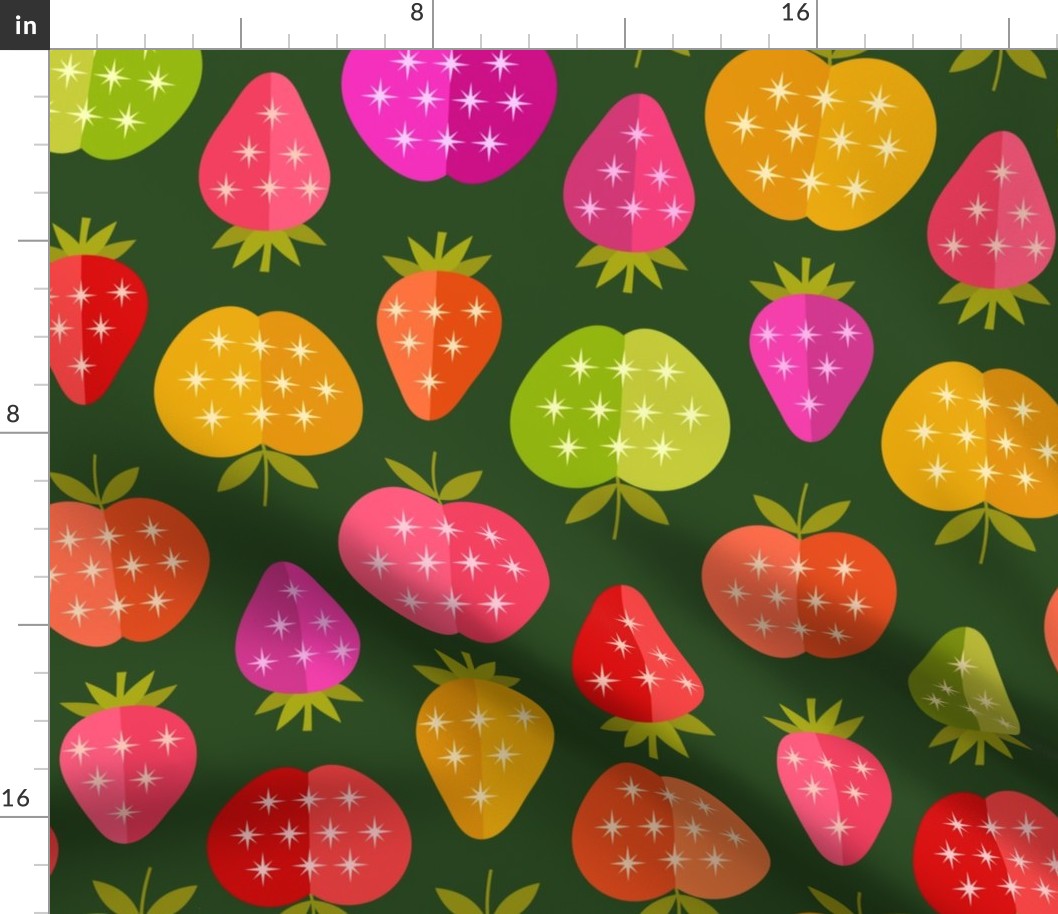 medium mod apples and strawberries with atomic stars on dark background 