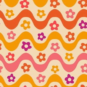 Retro 70s groovy flowers on pink, red and orange waves pattern