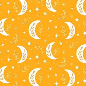 Boho moon with leaves pattern on orange background 