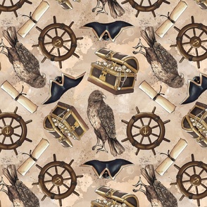 Pirate Adventure - Antique maps, hat, ship wheel, bird, watercolor background