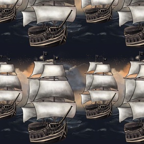 Pirate Ships Fantasy Watercolor sea Landscape | Large Scale