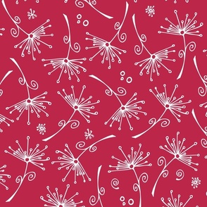 dandelions - white hand-drawn dandelions on viva magenta - floral fabric and wallpaper