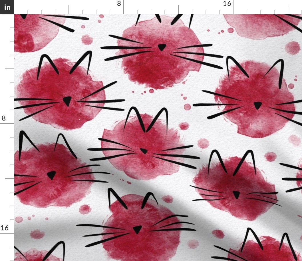 cat - ellie cat viva magenta - watercolor drops cat - cute cat fabric and wallpaper