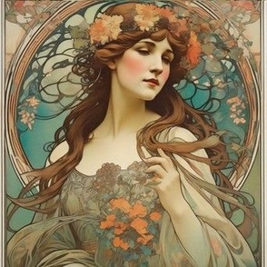 Mucha,Floral motifs,Advertising art,Czechoslovakian culture,Parisian style,Floral motifs,Stylized figures,Elegance,Whiplash curves,Nature,Feminine beauty,Organic forms,Vienna Secession,Belle Époque era,Advertising art,Artistic revolution