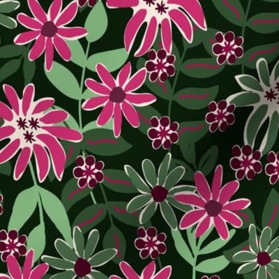 549 -  Medium scale Grungy bold florals in bold hot pink, forest green and off white - for women's apparel, fun garden wallpaper, curtains, duvet covers and funky table cloths