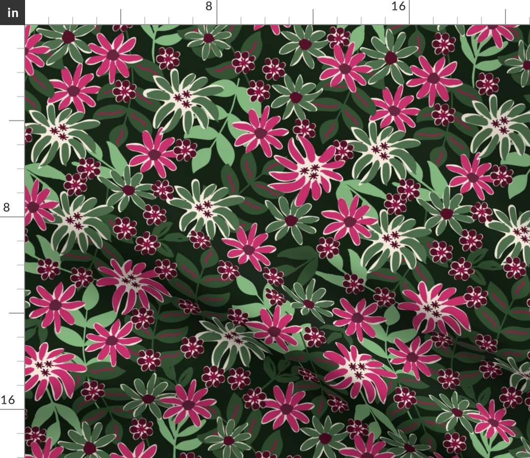 549 -  Medium scale Grungy bold florals in bold hot pink, forest green and off white - for women's apparel, fun garden wallpaper, curtains, duvet covers and funky table cloths