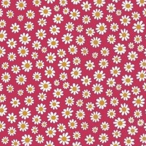 Joyful White Daisies - Large Scale -  Viva Magenta background Retro Vintage Flowers Floral Red Carmine