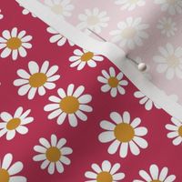 Joyful White Daisies - Small Scale -  Viva Magenta background Retro Vintage Flowers Floral Red Carmine