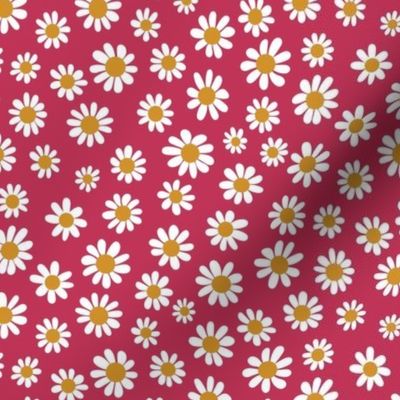 Joyful White Daisies - Small Scale -  Viva Magenta background Retro Vintage Flowers Floral Red Carmine
