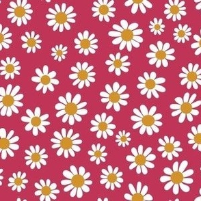 Joyful White Daisies - Small Scale -  Viva Magenta background Retro Vintage Flowers Floral Red Carmine