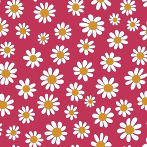 Joyful White Daisies - Medium Scale -  Viva Magenta background Retro Vintage Flowers Floral Red Carmine