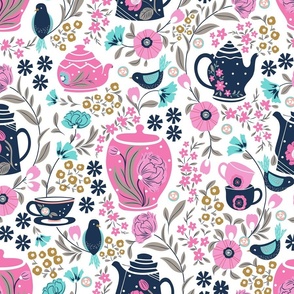 Teapots and Florals Large scale 18 inch repeat