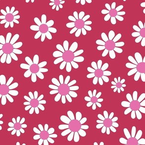 Joyful White Daisies - Large Scale -  Viva Magenta background Pink Center Retro Vintage Flowers Floral Red Carmine Pantonecoty2023 be3455