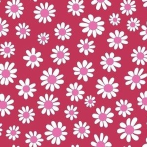 Joyful White Daisies - Small Scale -  Viva Magenta background Pink Center Retro Vintage Flowers Floral Red Carmine