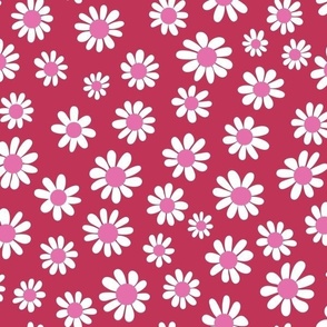 Joyful White Daisies - Medium Scale -  Viva Magenta background Pink Center Retro Vintage Flowers Floral Red Carmine