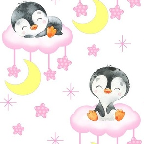 Pink Penguin Moon Star Cloud Baby Girl Nursery 