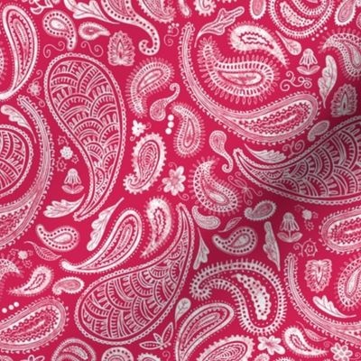 Modern Distressed Paisley, White on Viva Magenta