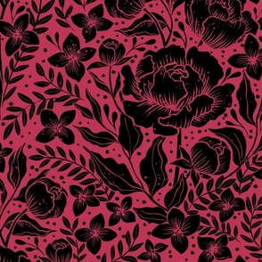 Peonies - botanical Art Nouveau large scale floral damask wallpaper viva magenta and black