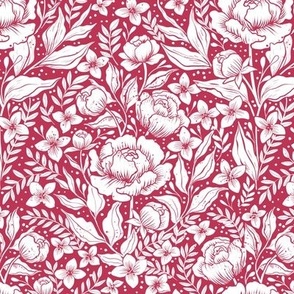 Peonies - botanical Art Nouveau large scale floral damask wallpaper viva magenta and white