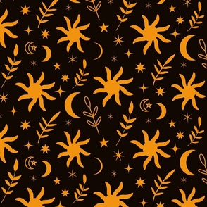 Boho orange sun and moon pattern  with stars and leaves 