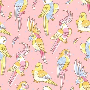 Colored parrots on pink