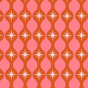 Mid century Starbursts on Ogee Pattern in orange and pink