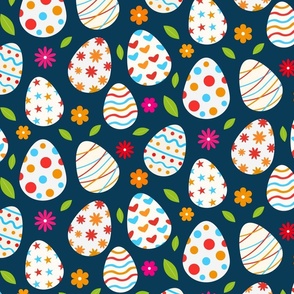 Easter eggs pattern with flowers and leaves on dark blue