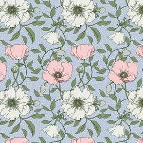 Pink Poppies and White Anemones, Light Blue Background