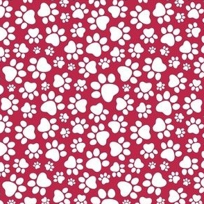 Small Scale Cat and Dog Animal Paw Prints White on Viva Magenta