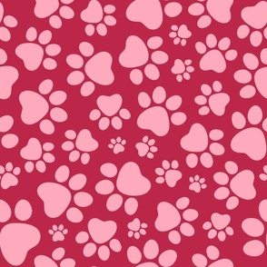 Large Scale Dog and Cat Animal Paw Prints Pink on Viva Magenta