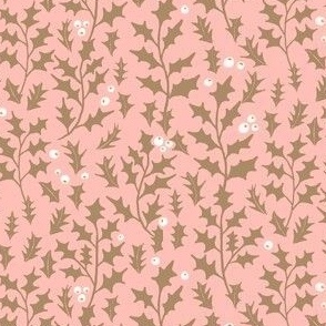 golden holly leaves and berries on baby pink | medium