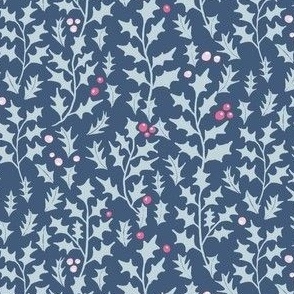 light blue holly leaves and pink berries on  blue | medium