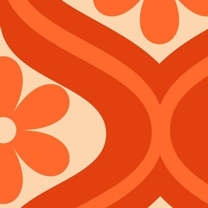Large scale Orange retro 70s flower on ogee pattern
