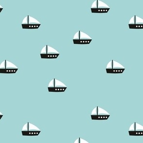 Minimalist cutesy duotone sailing boats - summer see travels on light teal 