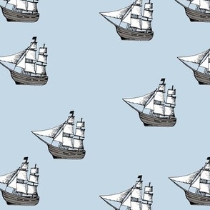 Pirate adventures sailing boats - freehand sketch on soft blue