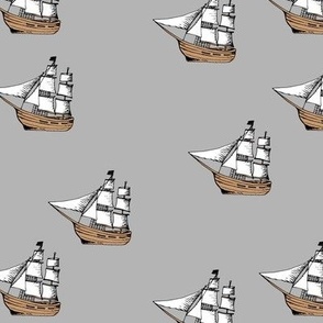 Pirate adventures sailing boats - freehand sketch on gray 