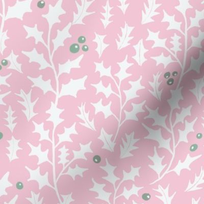 holly leaves and minty green berries on mimi pink – large scale
