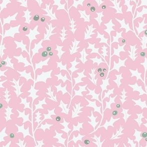 holly leaves and minty green berries on mimi pink – large scale