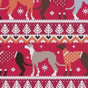 Large jumbo scale // Happy pawlidays fair isle greyhounds // viva magenta (Pantone Color of the Year 2023) background cute dogs dressed with orange and red knitted Christmas ugly sweaters