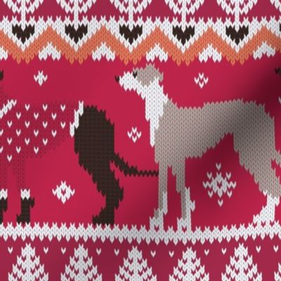 Normal scale // Happy pawlidays fair isle greyhounds // viva magenta (Pantone Color of the Year 2023) background cute dogs dressed with orange and red knitted Christmas ugly sweaters