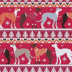 Normal scale // Happy pawlidays fair isle greyhounds // viva magenta (Pantone Color of the Year 2023) background cute dogs dressed with orange and red knitted Christmas ugly sweaters