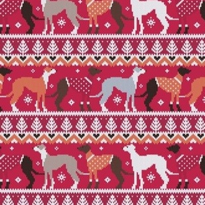 Small scale // Happy pawlidays fair isle greyhounds // viva magenta (Pantone Color of the Year 2023) background cute dogs dressed with orange and red knitted Christmas ugly sweaters