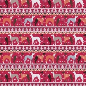 Tiny scale // Happy pawlidays fair isle greyhounds // viva magenta (Pantone Color of the Year 2023) background cute dogs dressed with orange and red knitted Christmas ugly sweaters