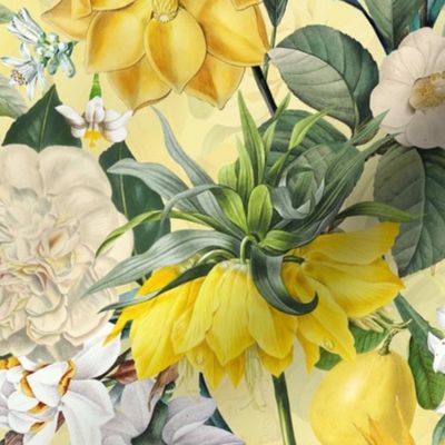 Nostalgic Hand Painted Antique Spring Flowers Magnolias, Emperor Corolla, Camellia and Daffodil Garnished with Tropical Fruits  Yellow Double Layer