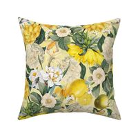 Nostalgic Hand Painted Antique Spring Flowers Magnolias, Emperor Corolla, Camellia and Daffodil Garnished with Tropical Fruits  Yellow Double Layer
