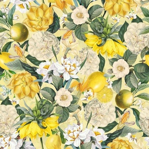 Nostalgic Hand Painted Antique Spring Flowers Magnolias, Emperor Corolla, Camellia and Daffodil Garnished with Tropical Fruits  Yellow Double Layer