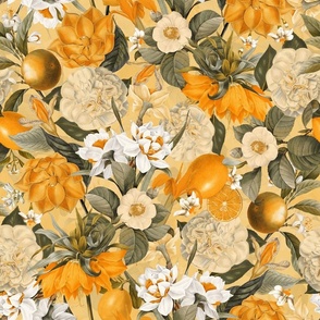 Nostalgic Hand Painted Antique Spring Flowers Magnolias, Emperor Corolla, Camellia and Daffodil Garnished with Tropical Fruits  Orange Sepia