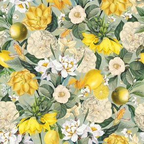 Nostalgic Hand Painted Antique Spring Flowers Magnolias, Emperor Corolla, Camellia and Daffodil Garnished with Tropical Fruits  Gray light double layer